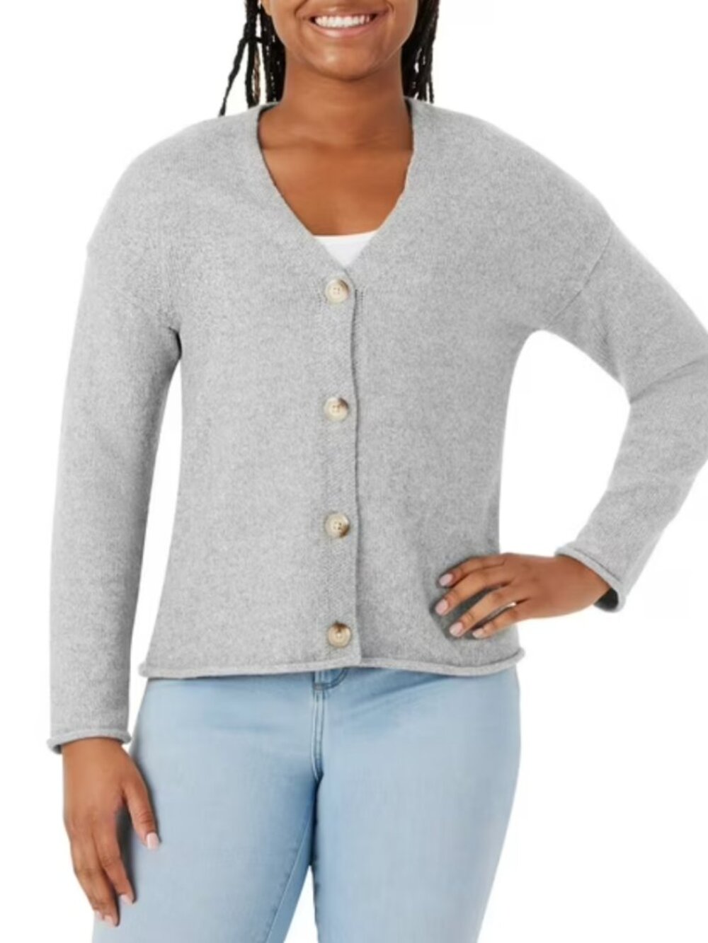 Cozy Women's Gray Button-Front Cardigan Sweater